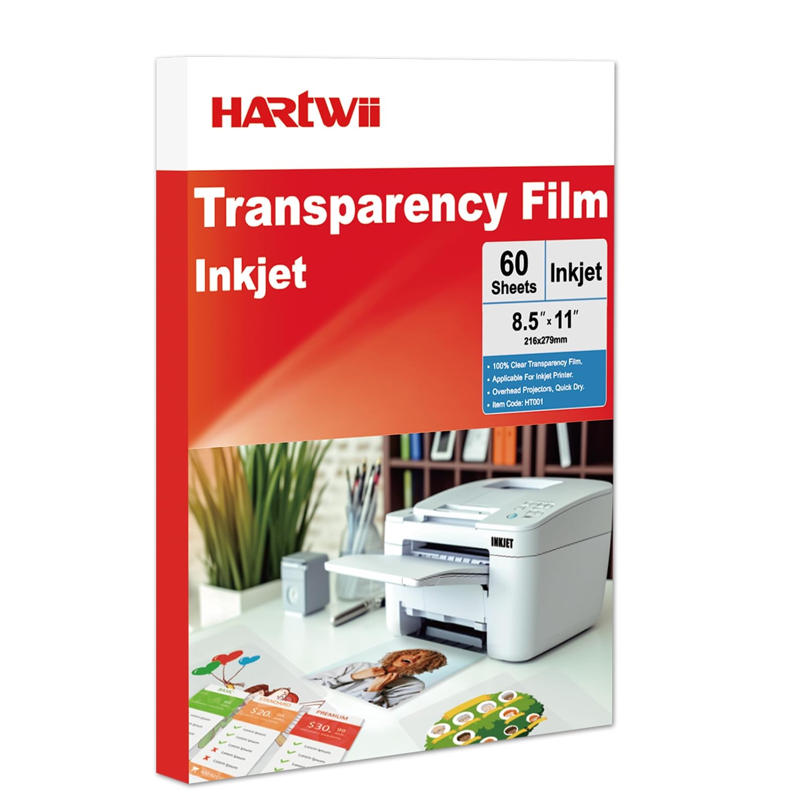 60 Sheets Inkjet Transparency Film, 8.5×11, 5Mil, 100 Clear, Quick Dry, OHP