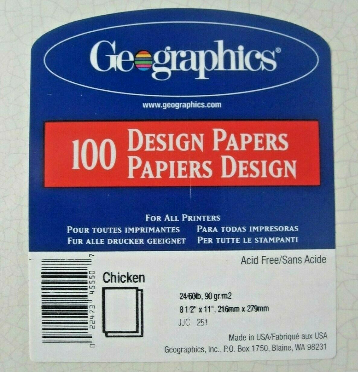 Geographics 100 Design Papers 8 1/2 X 11 inch All Printers Acid Free Chicken New