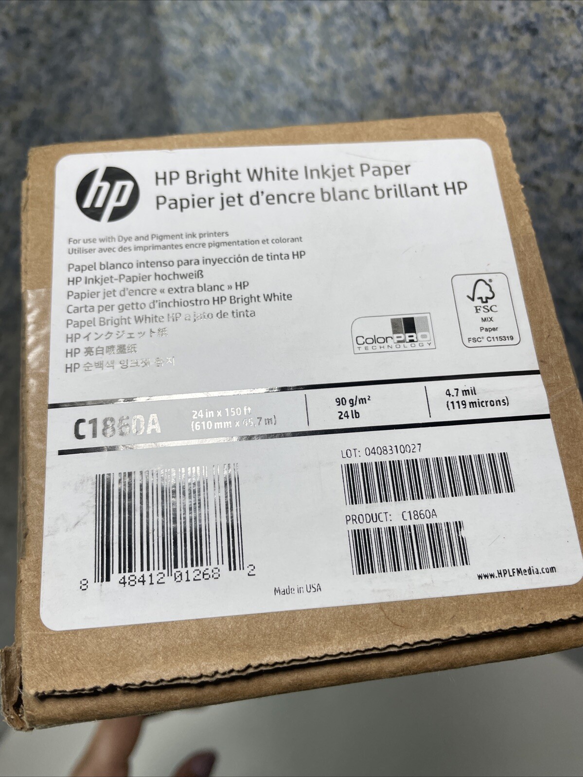 Roll 24″x150′ 24lb HP Bright White Inkjet Paper ColorPro Technology Dye&Pigment
