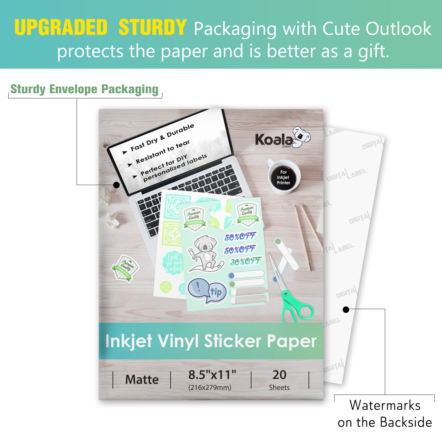 Koala Printable Vinyl Sticker Paper for Inkjet Printer Matte White Waterproof 20