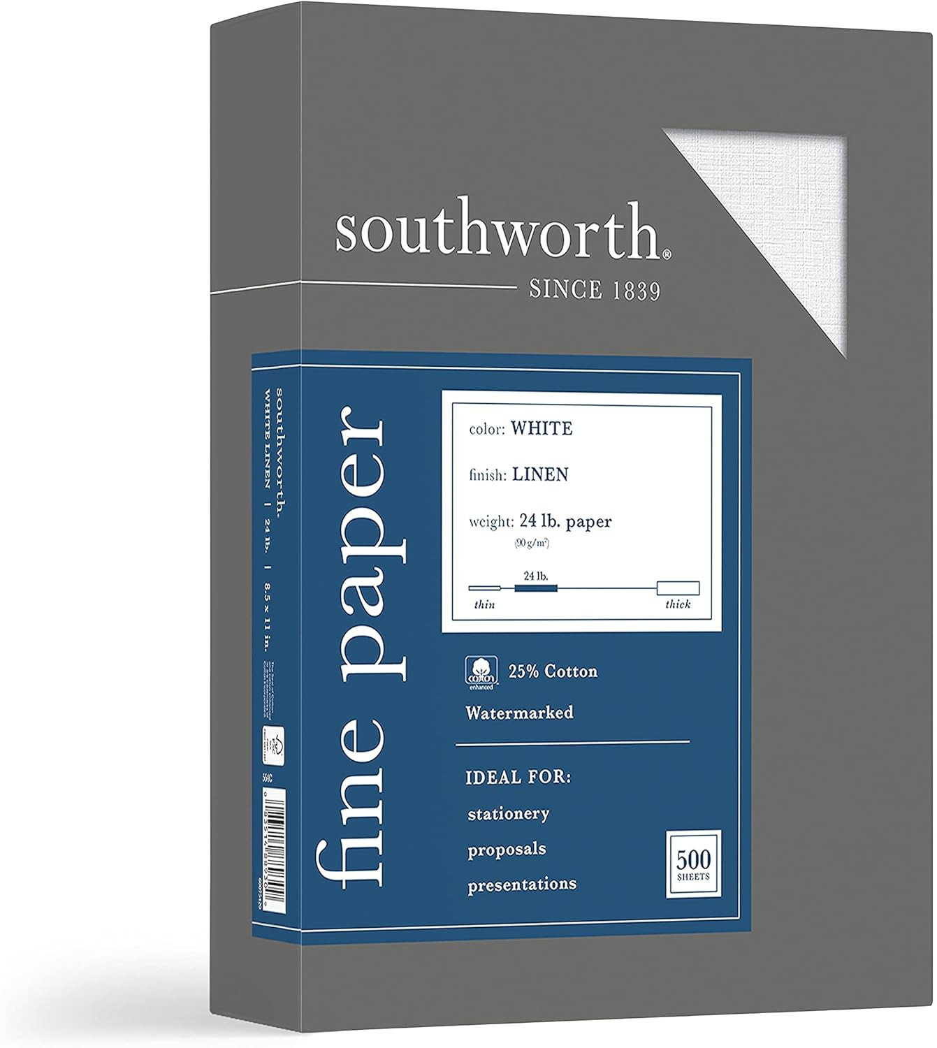 Southworth 25% Cotton Business Paper, 8.5 X 11″, 24 Lb/9 GSM, Linen Finish, Whit
