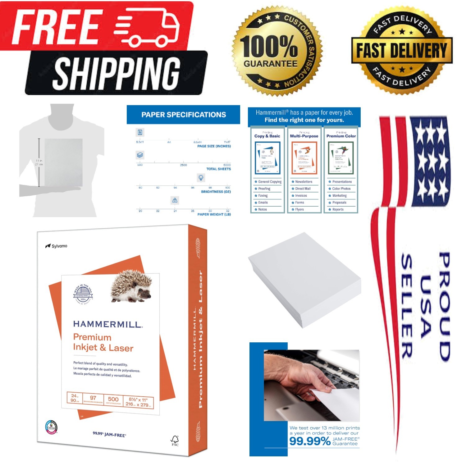 Eco-Friendly 24 lb Printer Paper, 8.5×11, 500 Sheets, Uncoated, Made in USA