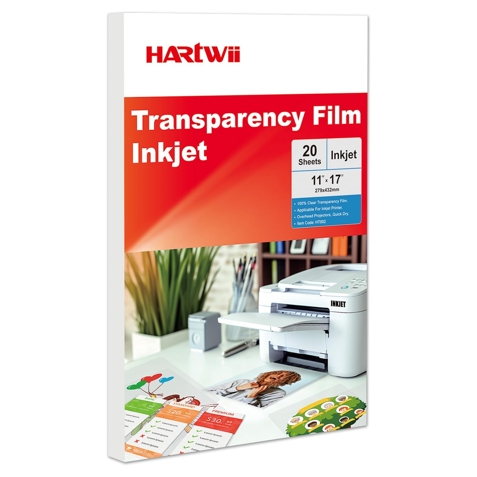 20 Sheets Inkjet Transparency Film, 11×17, Fast-Drying, Clear, OHP, Print