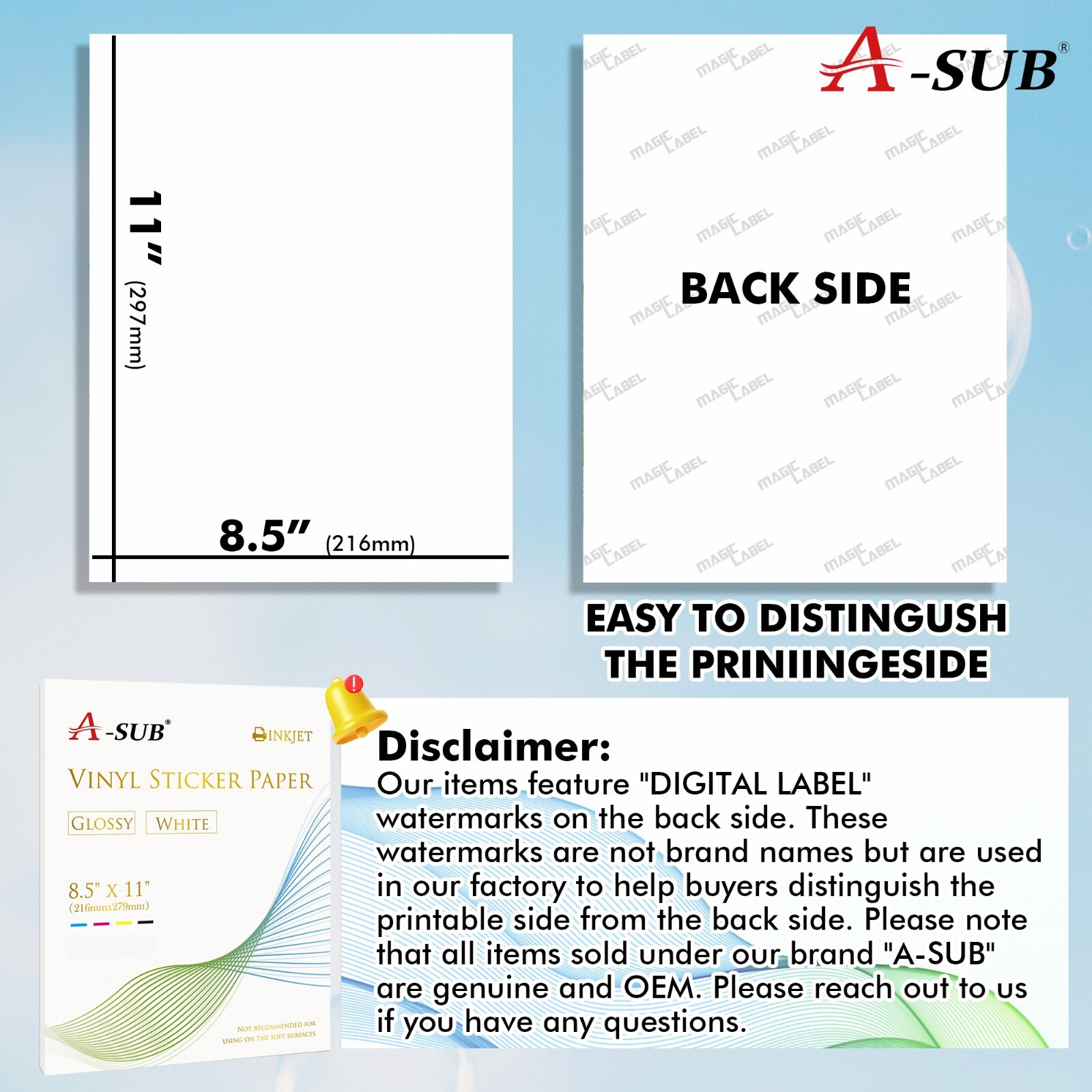 A-SUB Printable Vinyl Sticker Paper Glossy White Waterproof Sticker Sheets 50PK