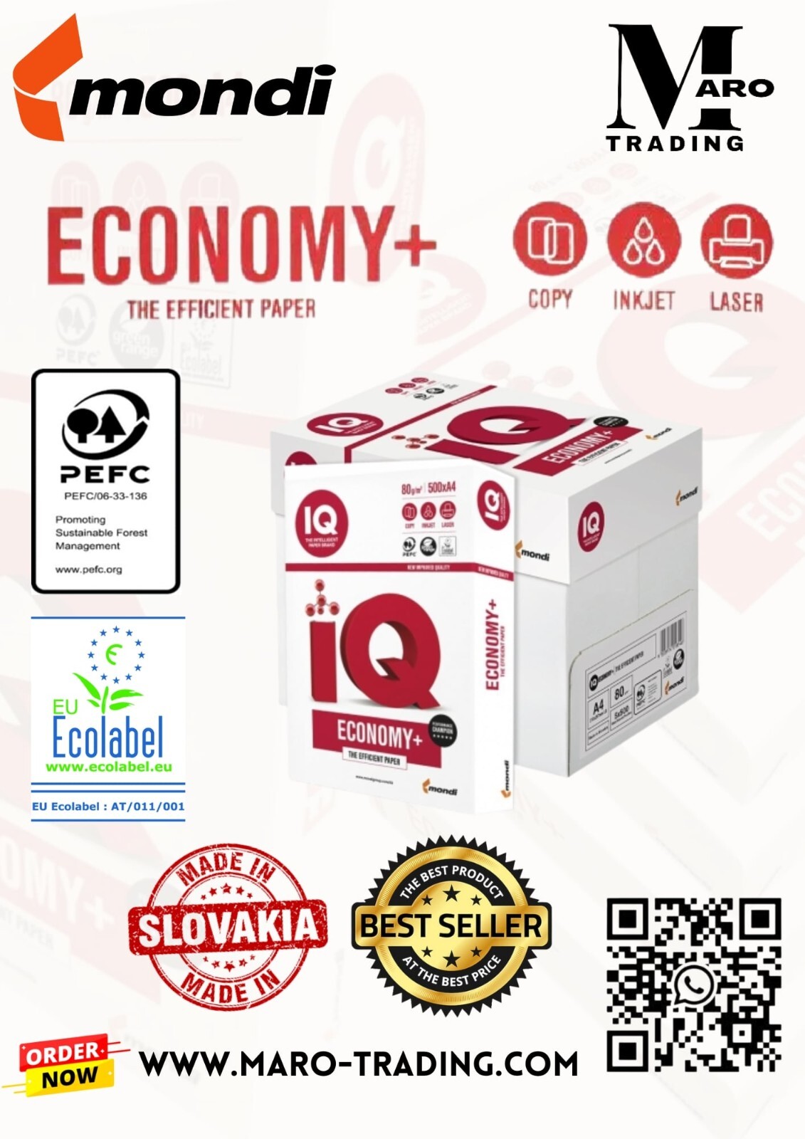 Mondi IQ Economy+ A4 paper, 80 GSM, one Ream of 500 sheets