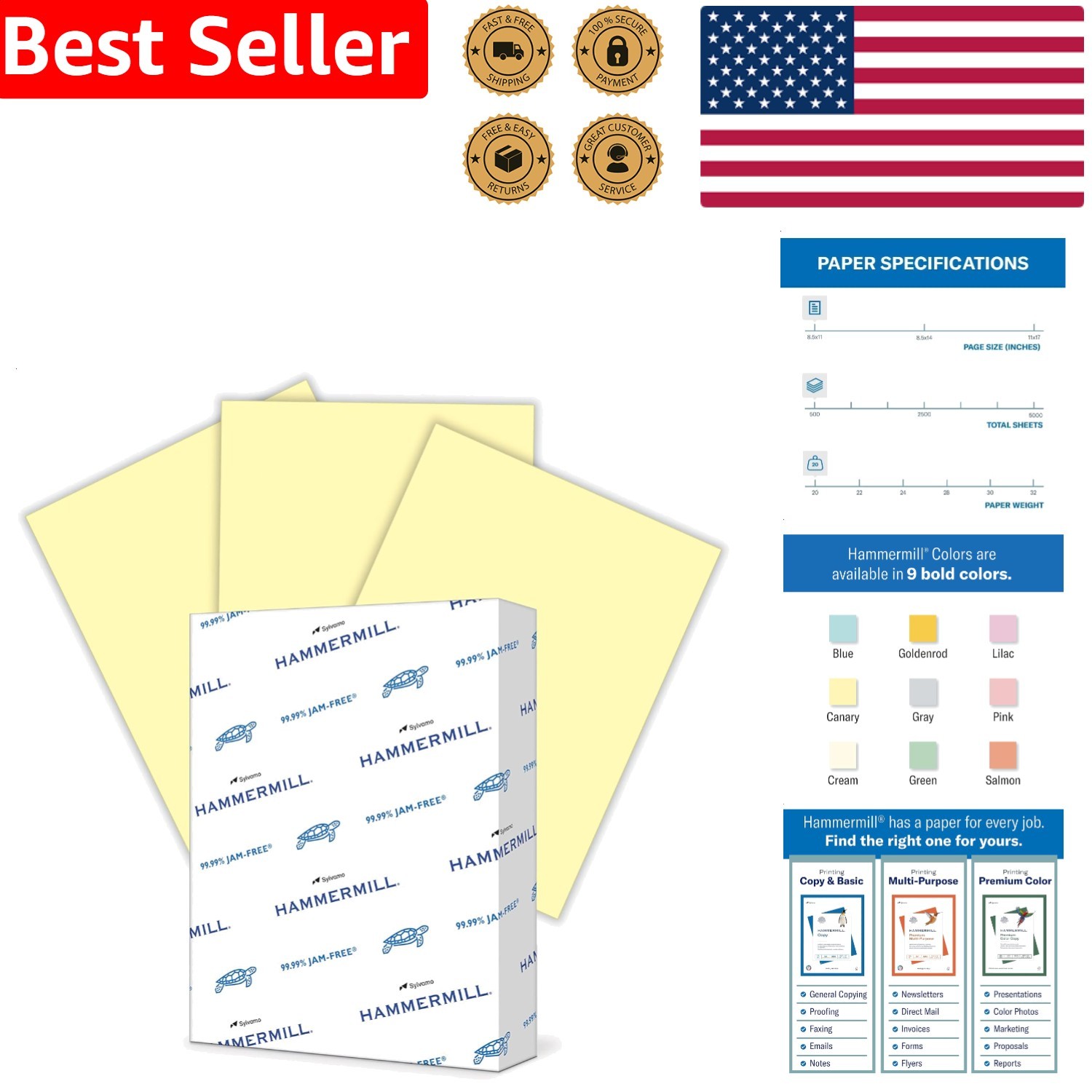 Dependable Canary Yellow Printer Paper 8.5×11 20lb Smooth 500 Sheets Ream