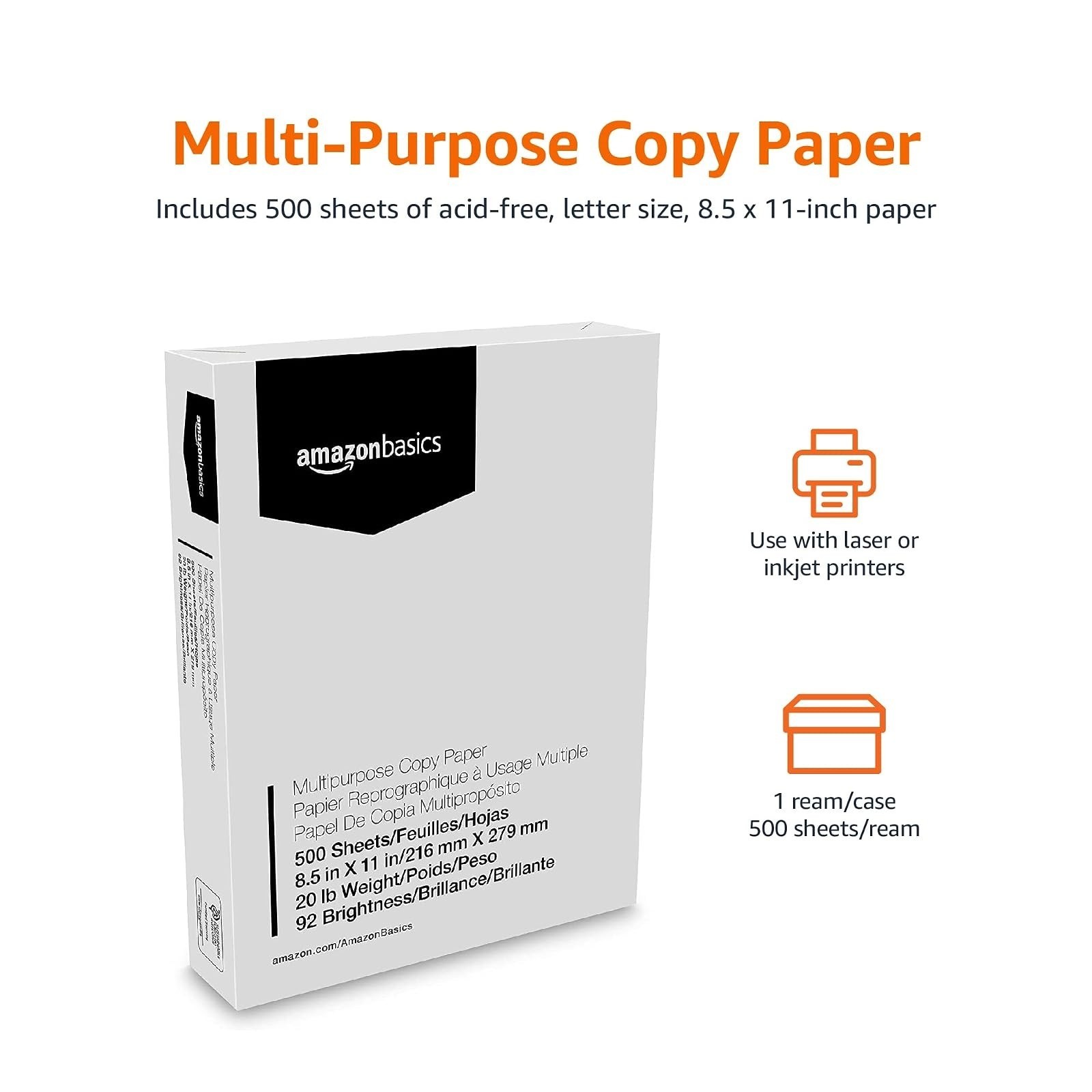 Amazon Basics Multipurpose Copy Printer Paper, 8.5 x 11, 20 lb, 500 Sheets
