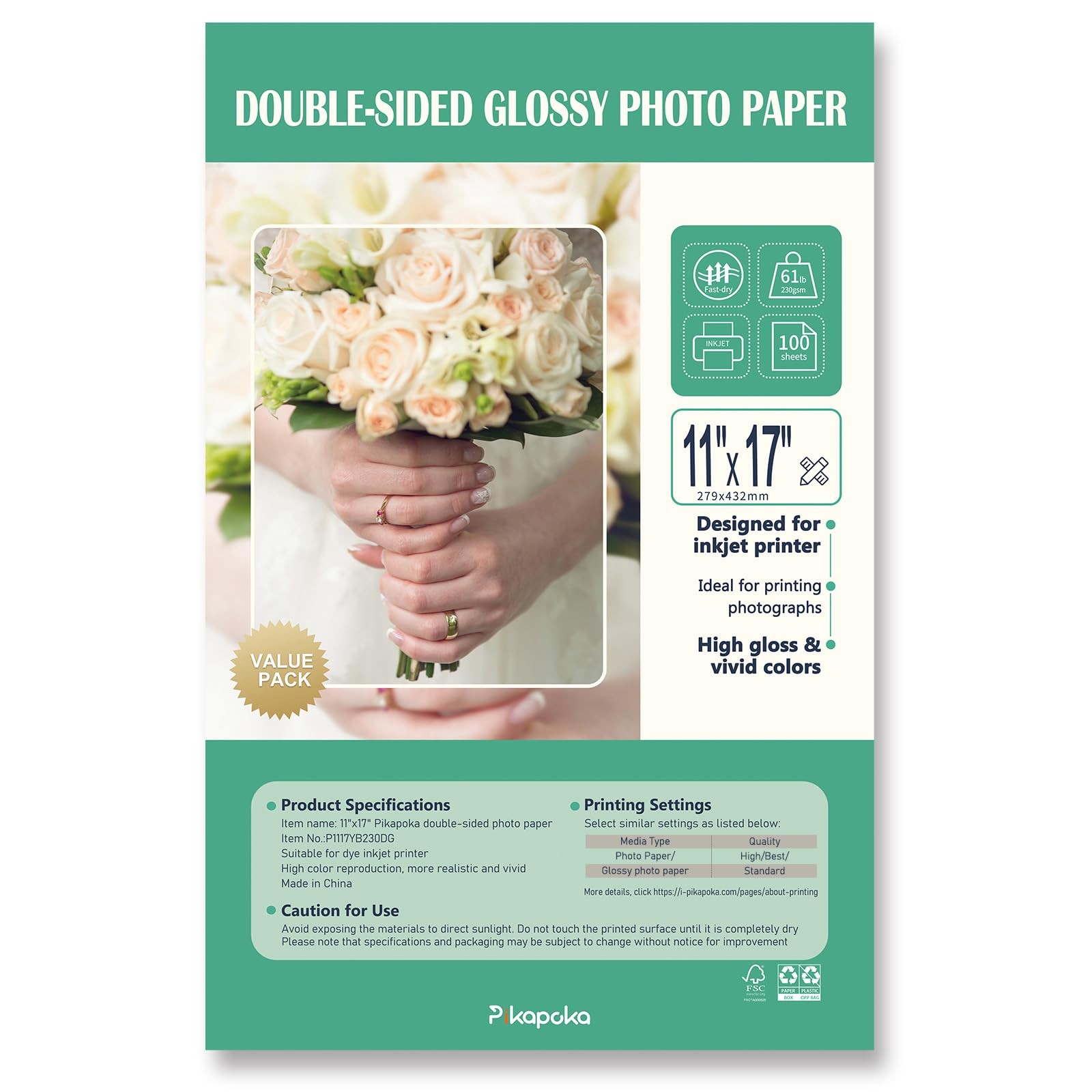 Thick Double Sided Glossy Photo Paper Cardstock 61 LB 11×17 Inch 100 Sheets