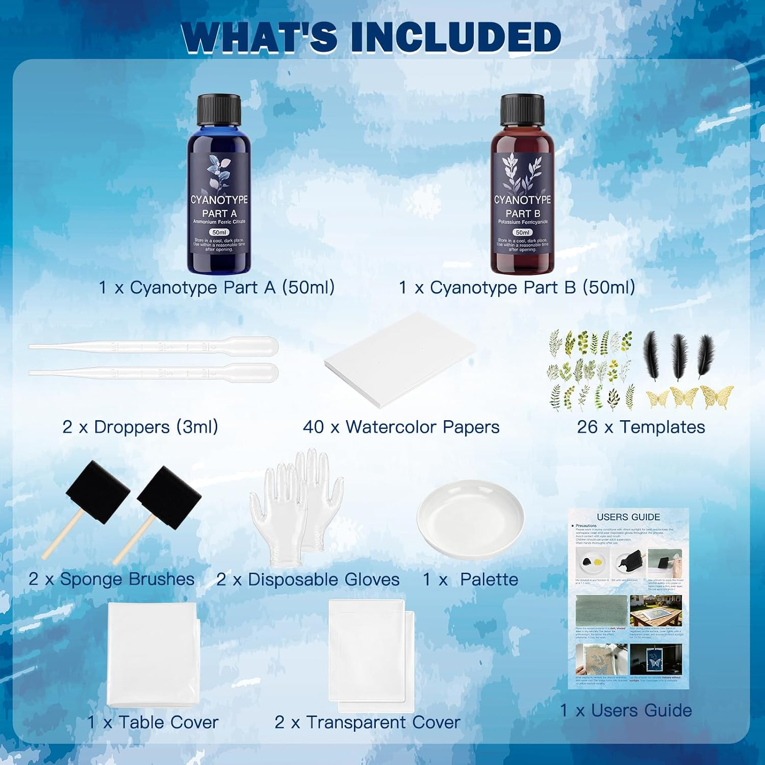 Cyanotype Kit, 77Pcs Cyanotype Solution Set with 26Pcs Tamplates and 40Pcs Paper