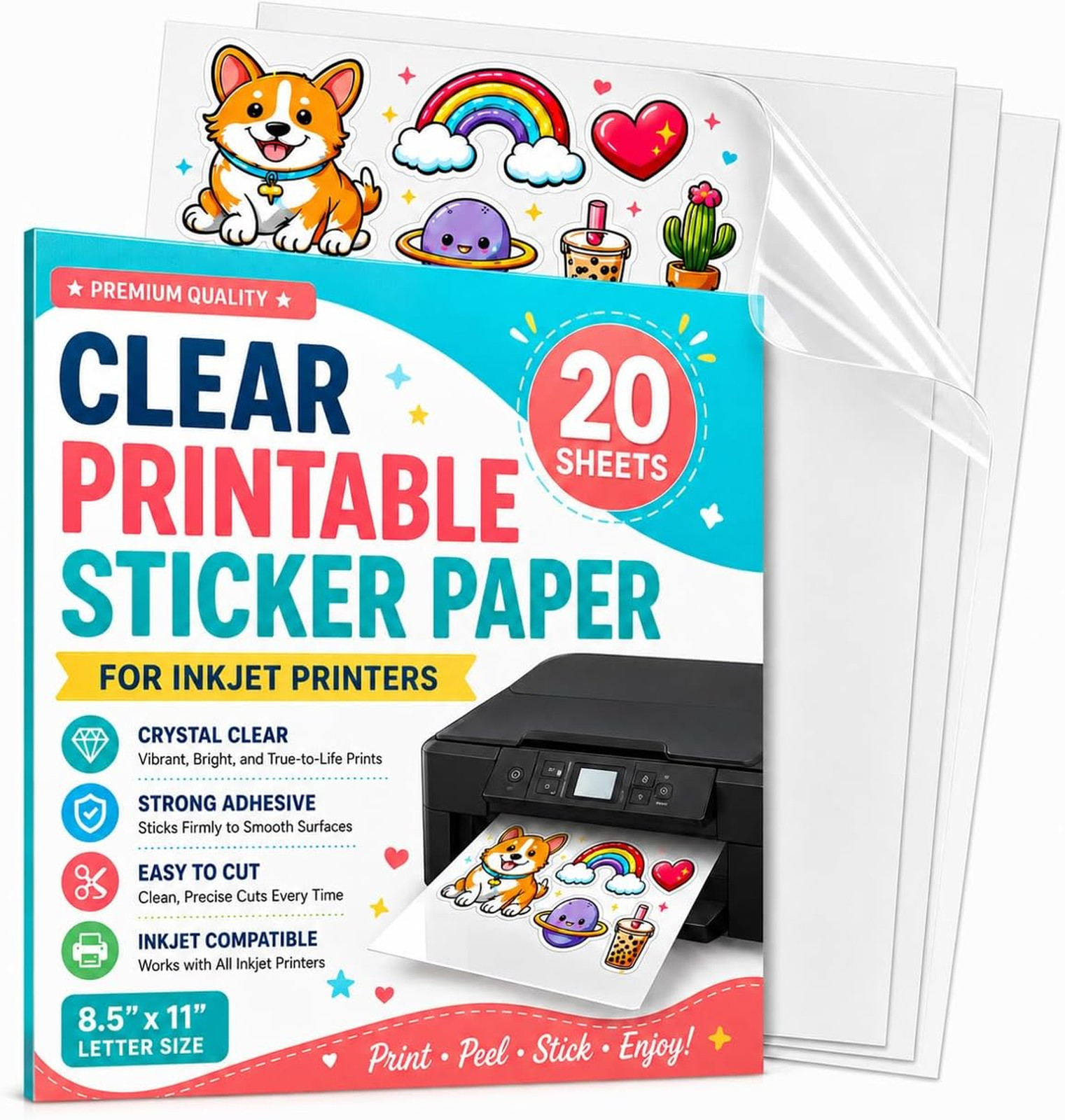 Printable Crystal Clear Vinyl Sticker Paper 20 Sheets 8.5×11 Inch Transparent