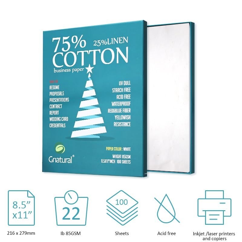 75% Cotton 25% Linen Inkjet Printing Paper, 8.5″x11″, 100 Sheets, Water-Resistan