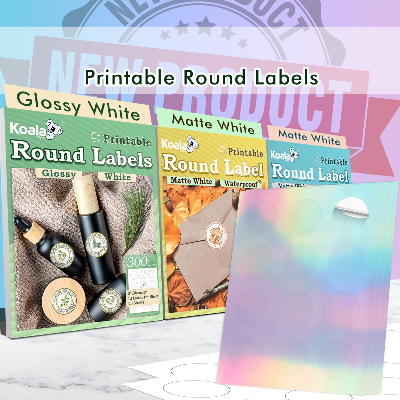 Lot 60-480 Koala Holographic Round Label 2″ Vinyl Sticker Paper for Inkjet Laser