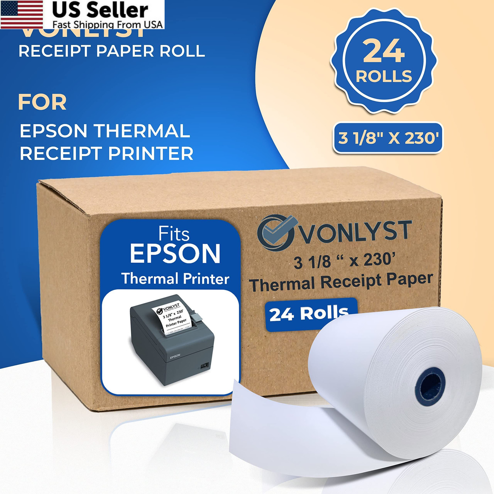 3 1/8 x 230 Thermal POS Rolls for 24 rolls, White Paper Black Image