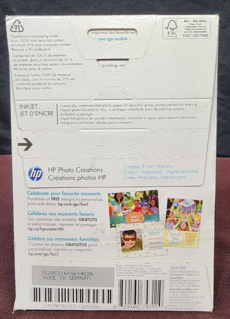 Hewlett Packard 4 x 6 inch Glossy Printer Paper – 100 Sheets Box
