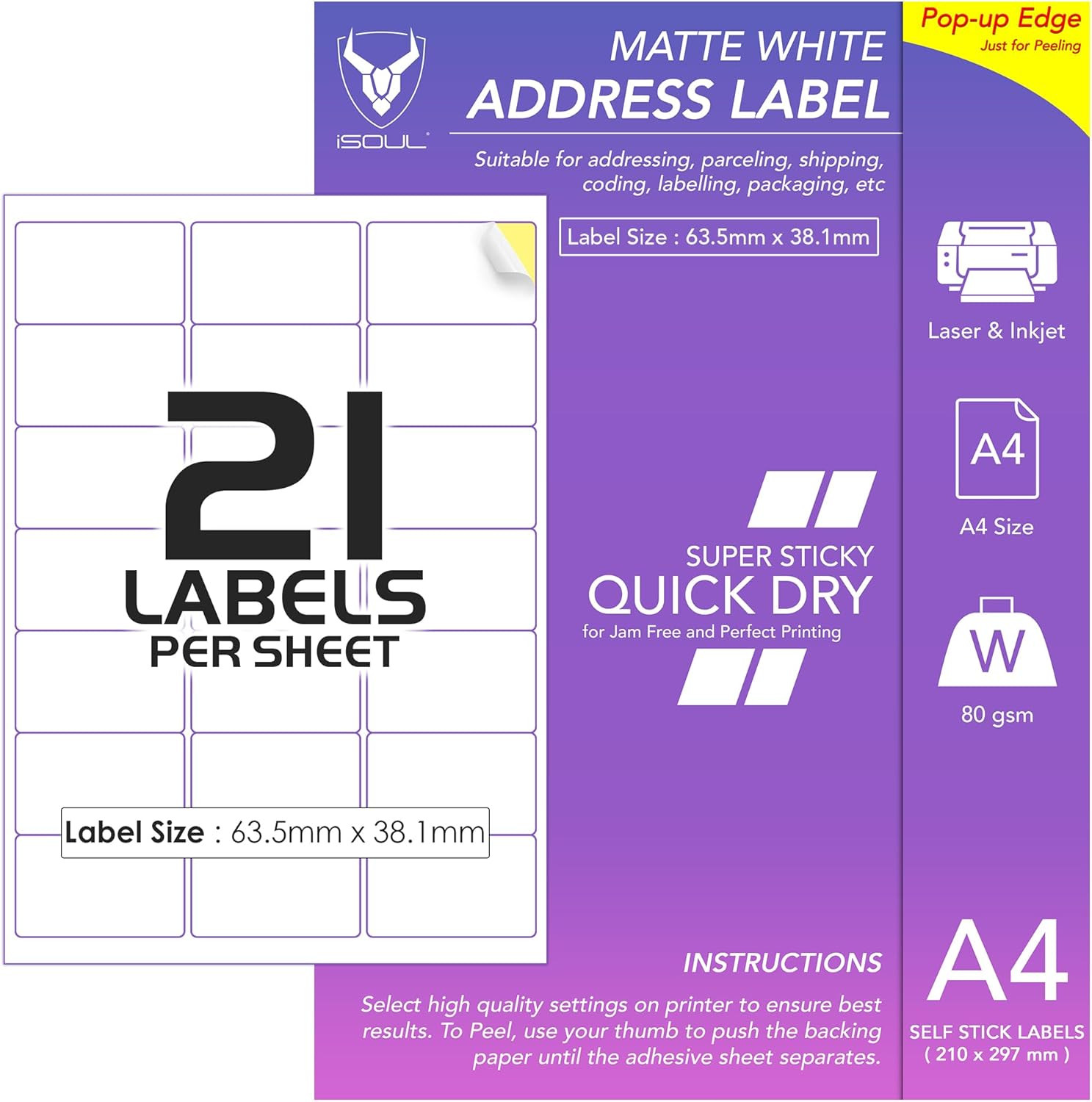21 Labels per A4 Sheet, 50 Sheets 1050 Sticky Label, Printable Sticker Paper, M
