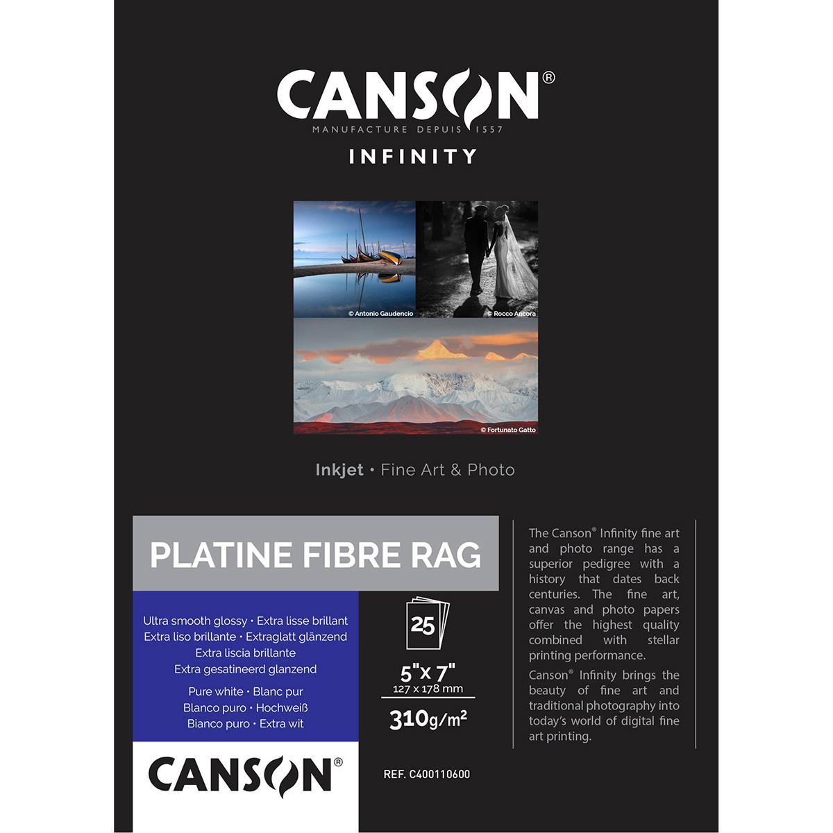 Canson Infinity Platine Fibre Rag Bright White Smooth Satin Inkjet Paper, 310gsm