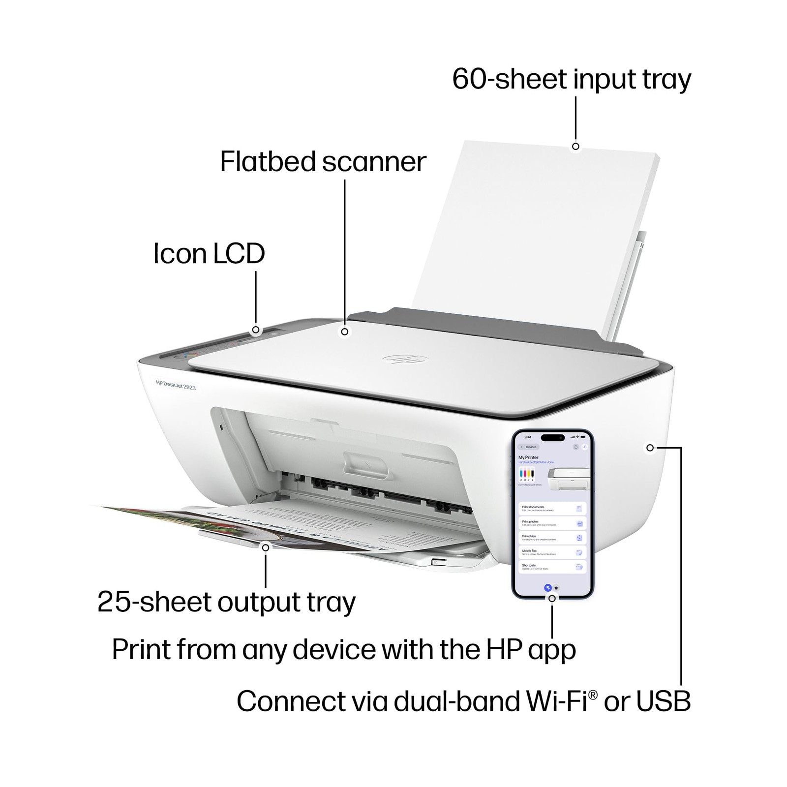 HP DeskJet 2923 Wireless All-in-One Color Inkjet Printer, one size, White