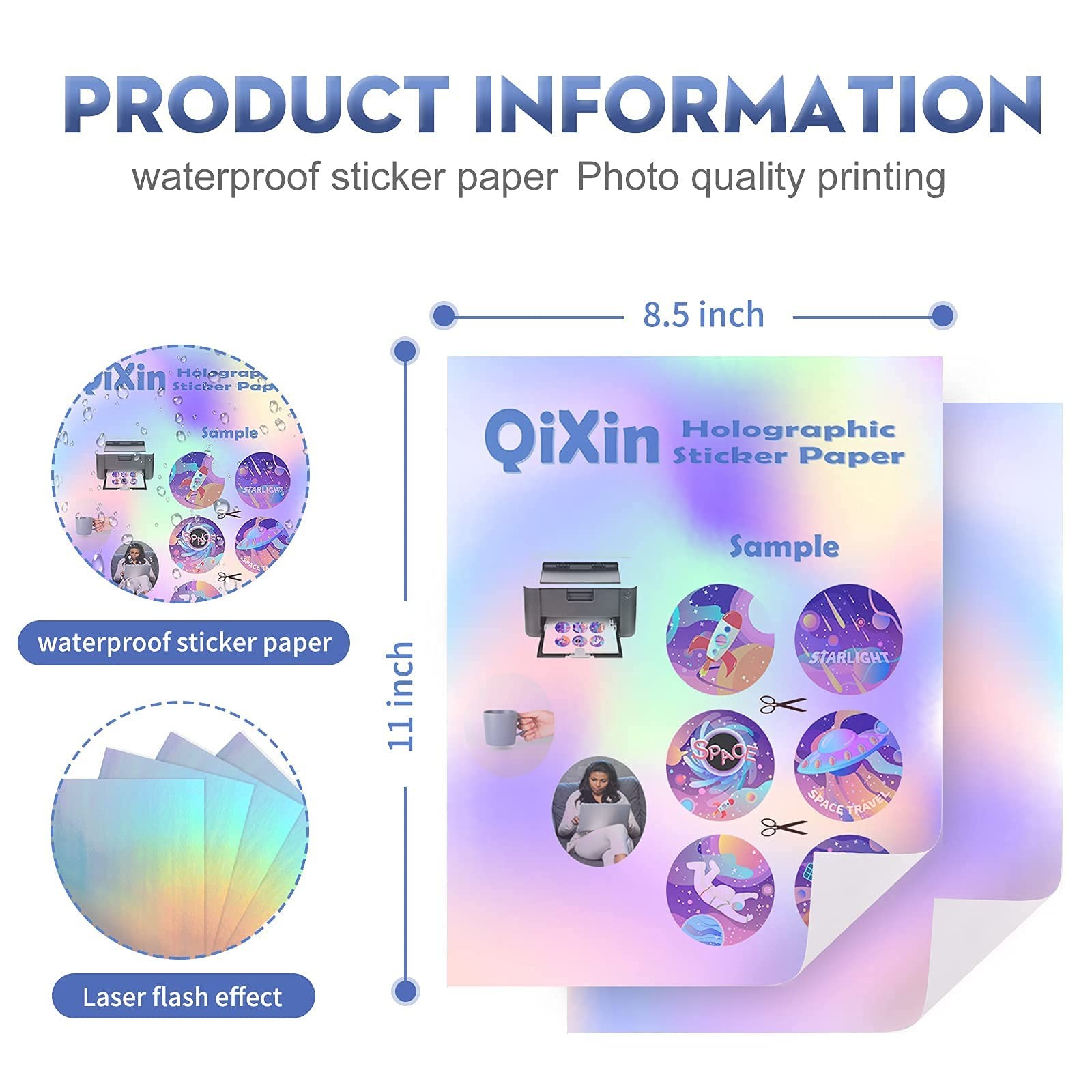 50 Sheets Holographic Sticker Paper 8.5 x11 inch for Inkjet Printer & Laser P…