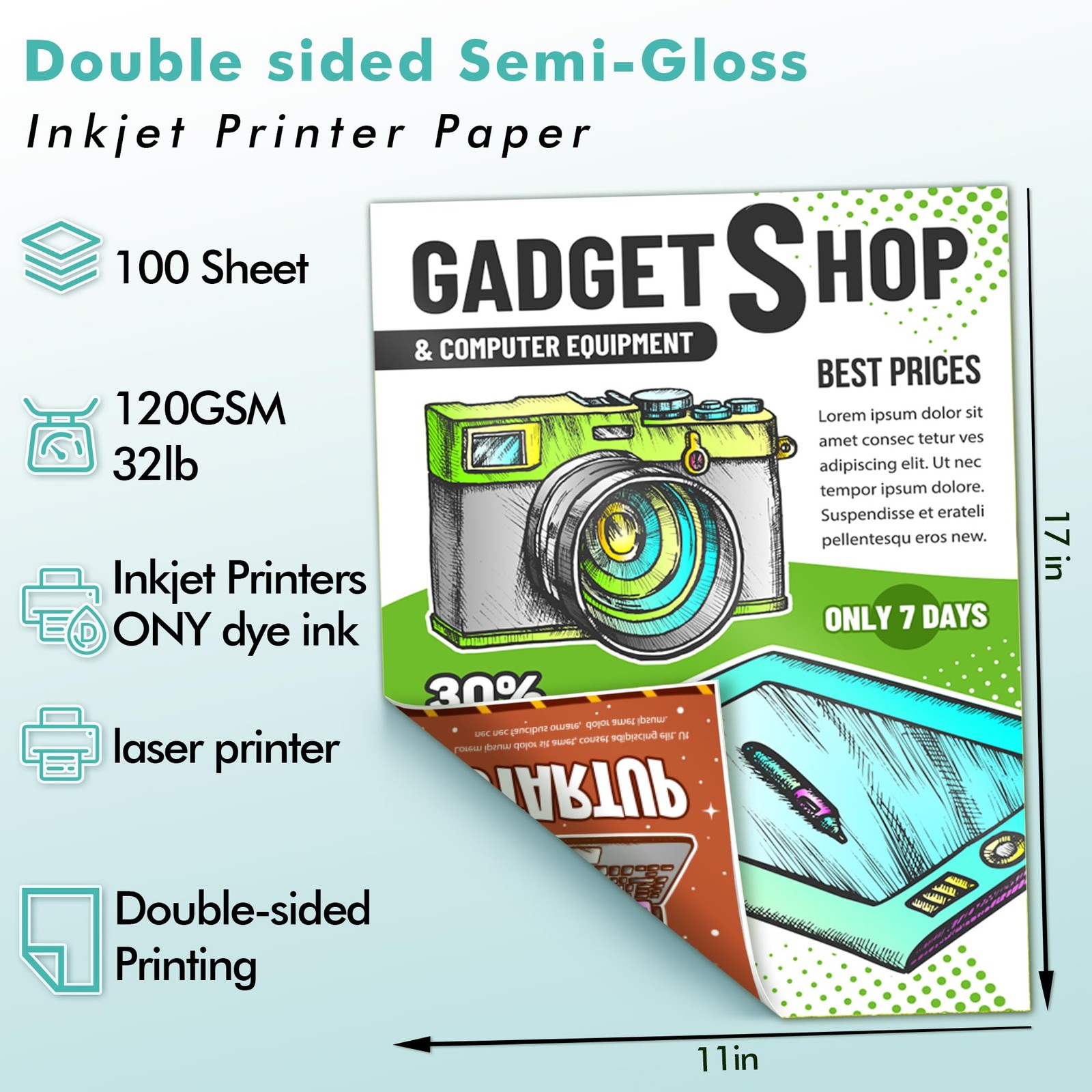 100 PCS Thin Double Sided SemiGloss Photo Paper 11×17 Inch 32LB Laser Ink