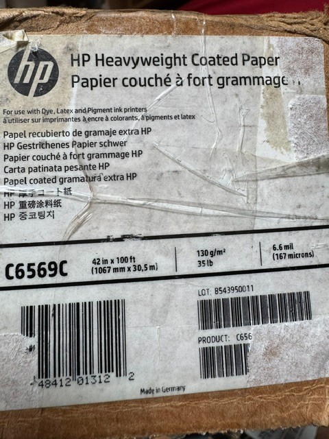 New Sealed, HP C6569C, Heavyweight Coated Paper, 42 In X 100 Ft, 35lb, 6.6 Mil