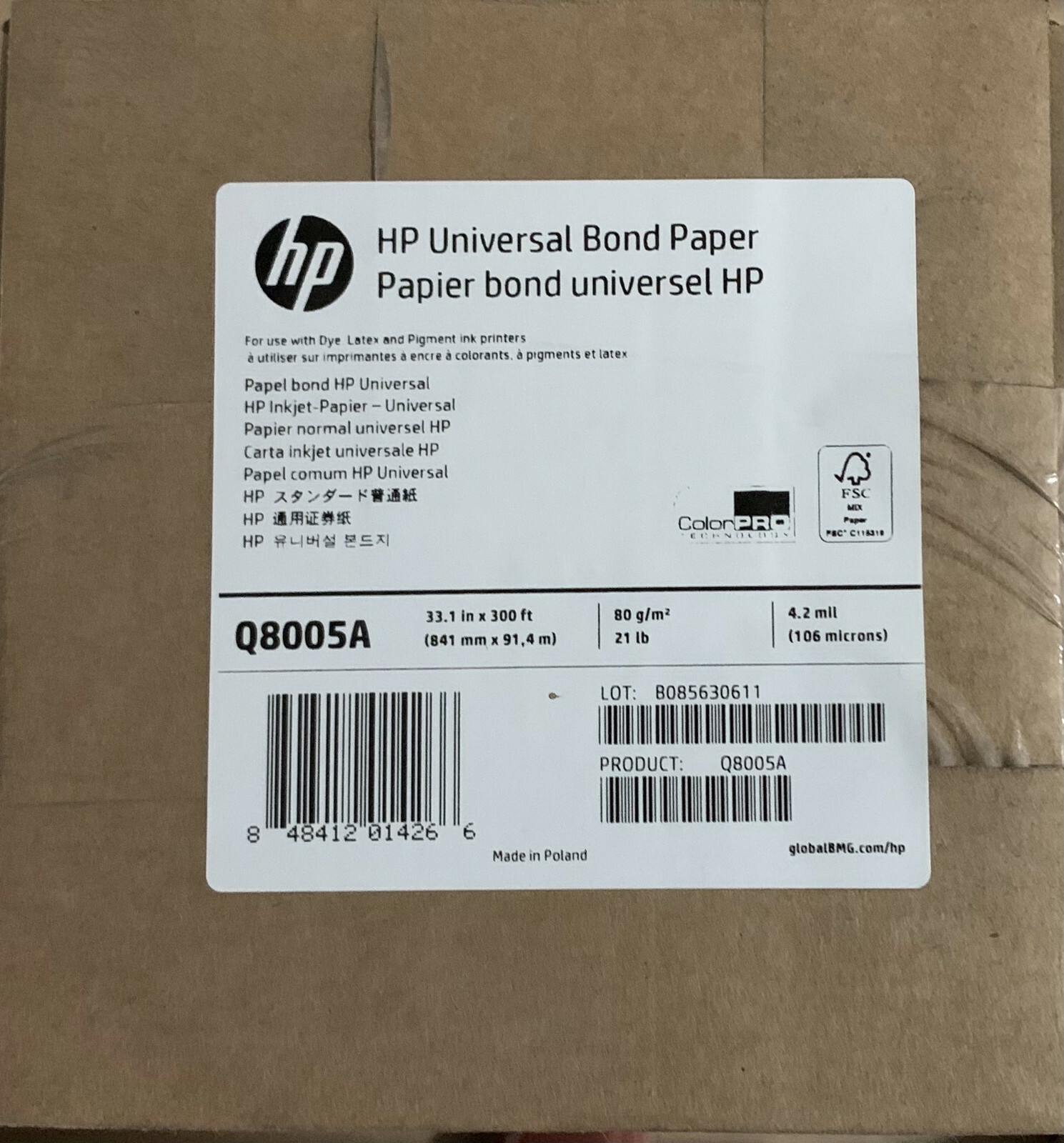 HP Q8005A UNIVERSAL PLOTTER PAPER 80gr 841mm X 91.4 mt 4000/4500/5000/T1200/T790