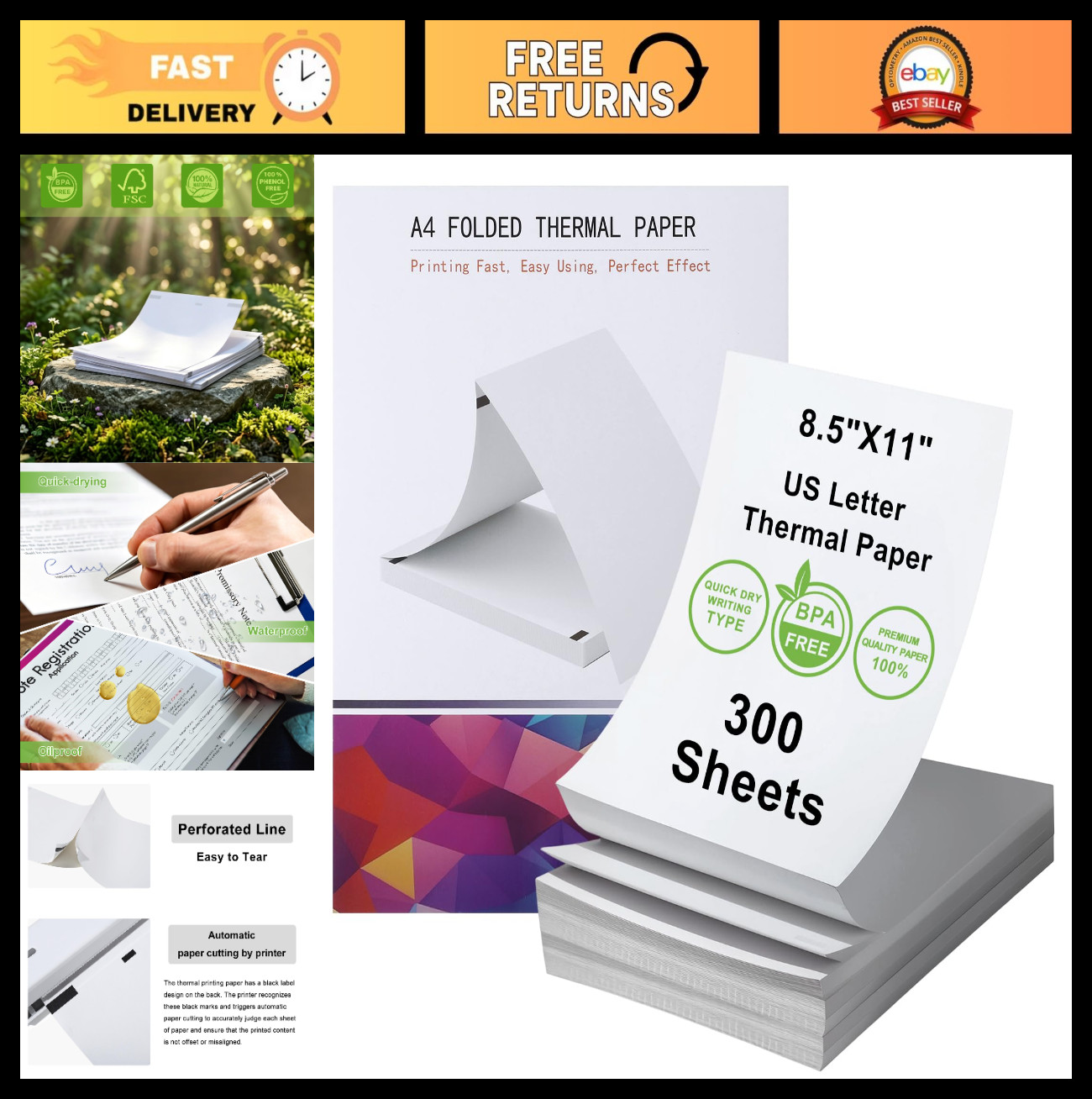 A4 Thermal Printer Paper 8.5×11″ – BPA/BPS-Free, Continuous, 300 Sheets, Compati