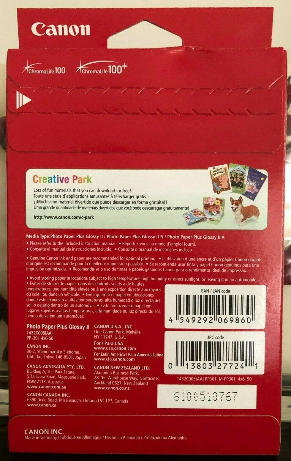 NEW Canon PP-301 5* Photo Paper Plus HIGH Glossy – 4″x6, 50 Sheets/Pack 1432C005