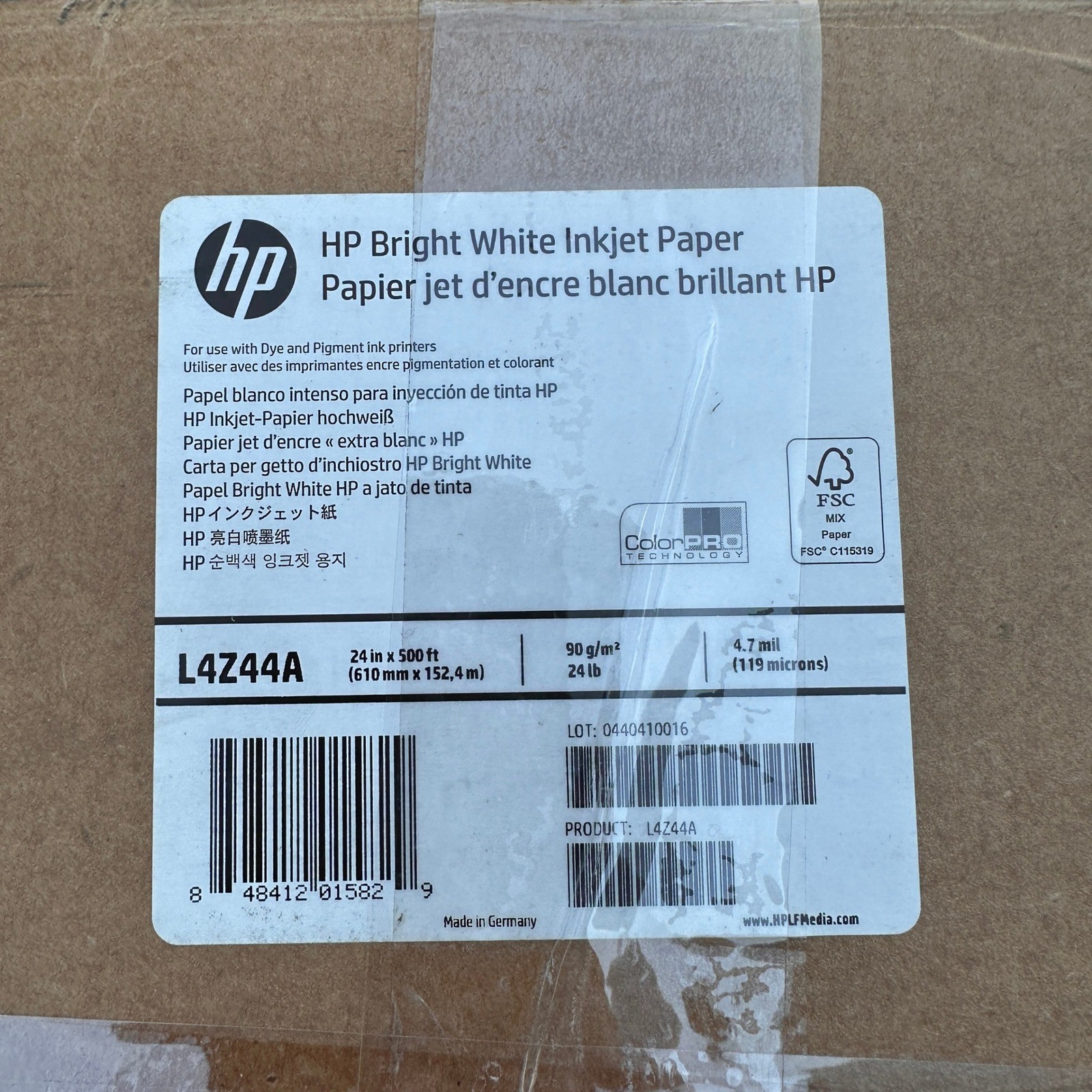HP Bright White Inkjet Paper 3-in Core 24 in x 500 ft L4Z44A