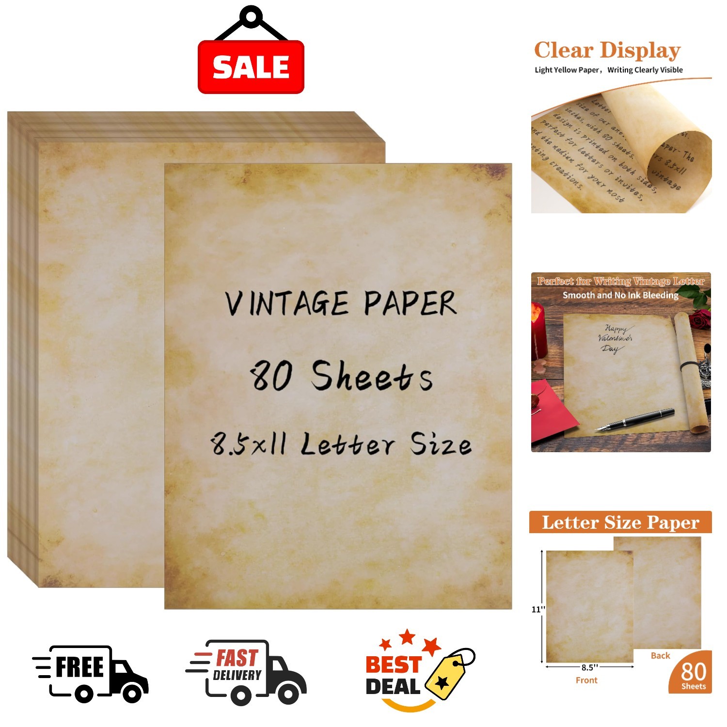 Retro 80 Sheets Aged Parchment Paper – 8.5″ x 11″ for Scrapbooking and Writing