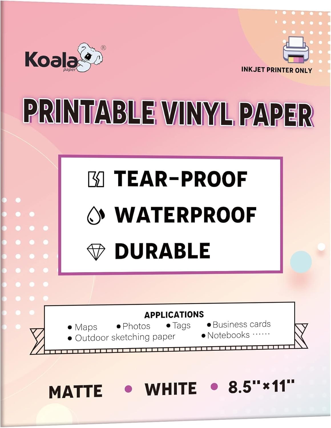 Waterproof Inkjet Paper 8.5×11 Inch Matte 30 Sheets Tear-Resistant Durable