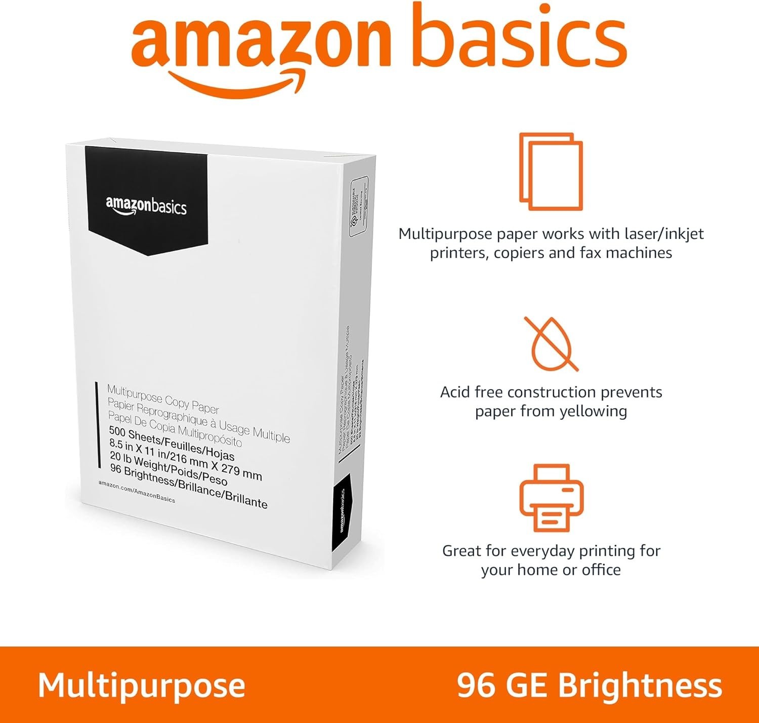 Smooth 8.5 x 11 Copy Paper for Inkjet/Laser Printers – 500 Sheets, 96 Brightness