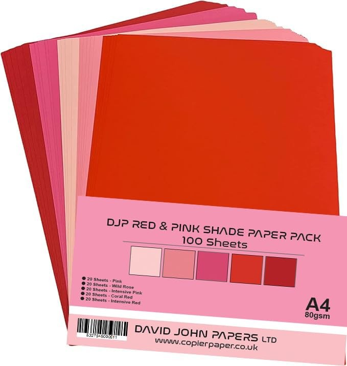 Tint Paper, 80gsm, Red and Pink, 5 Colours, 100 Sheets – 20 Count Per Colour