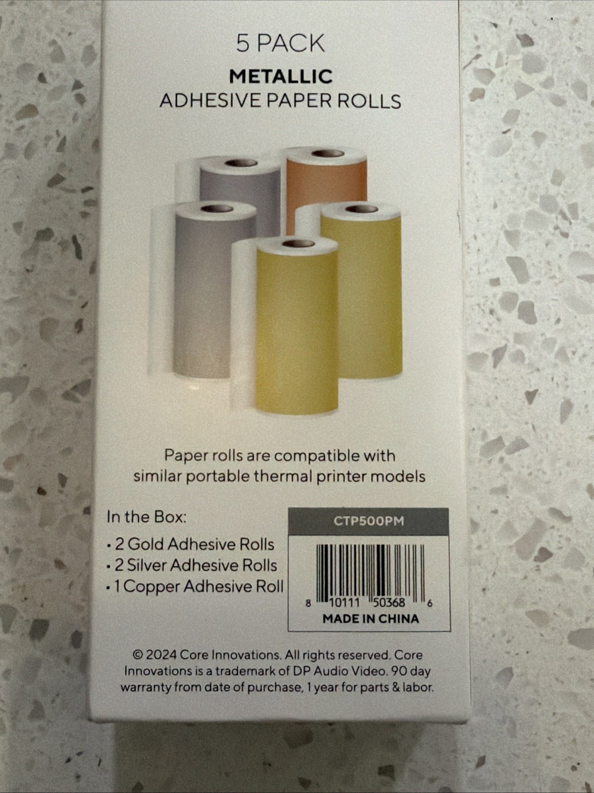 Core Innovations 5 Pack Metallic Adhesive Thermal Paper Rolls Gold Silver