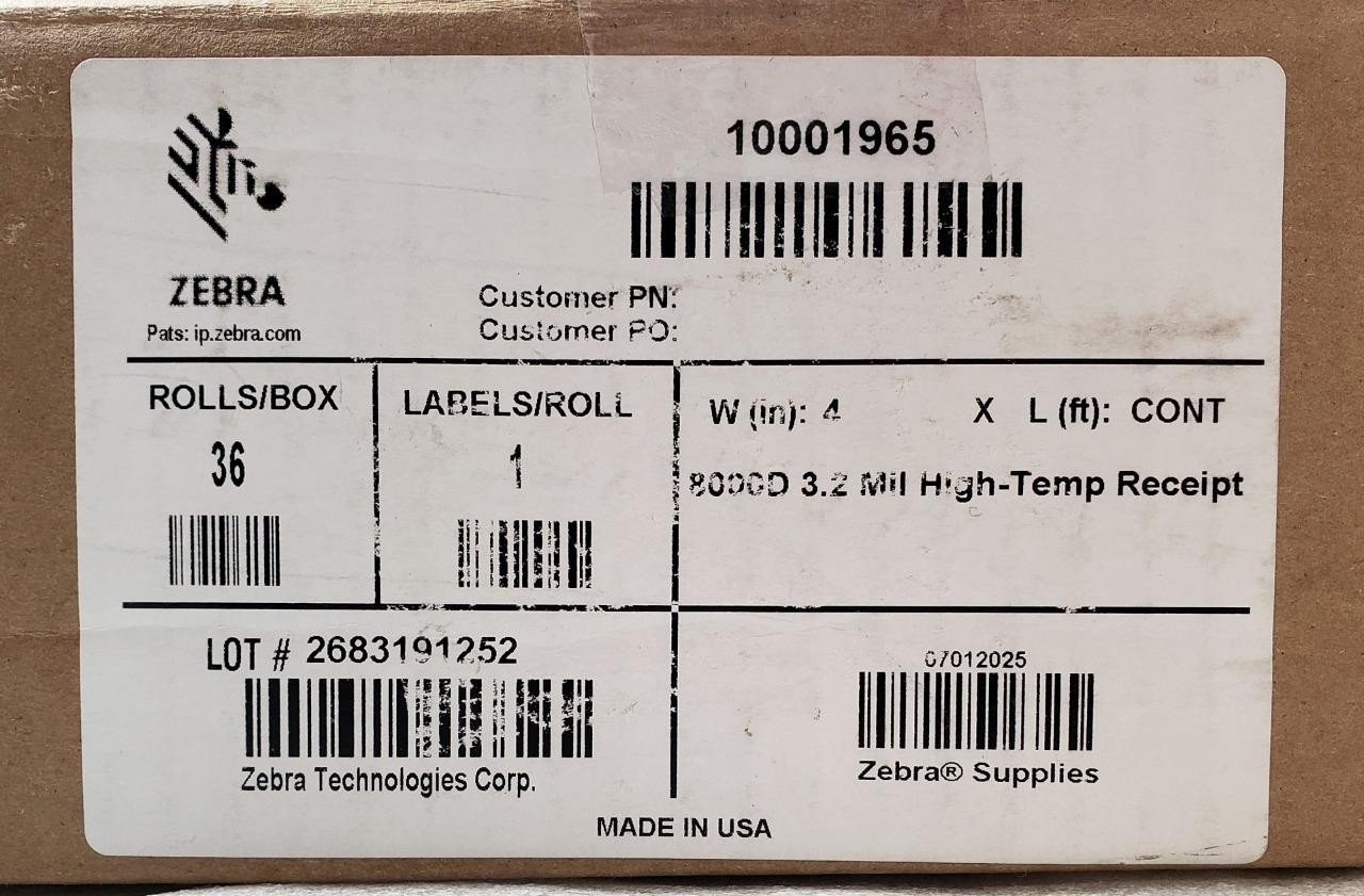Zebra 10001965 3.2 Mil Hi-Temp White Coated Receipt Rolls 4″x74′ Core 36 Rolls