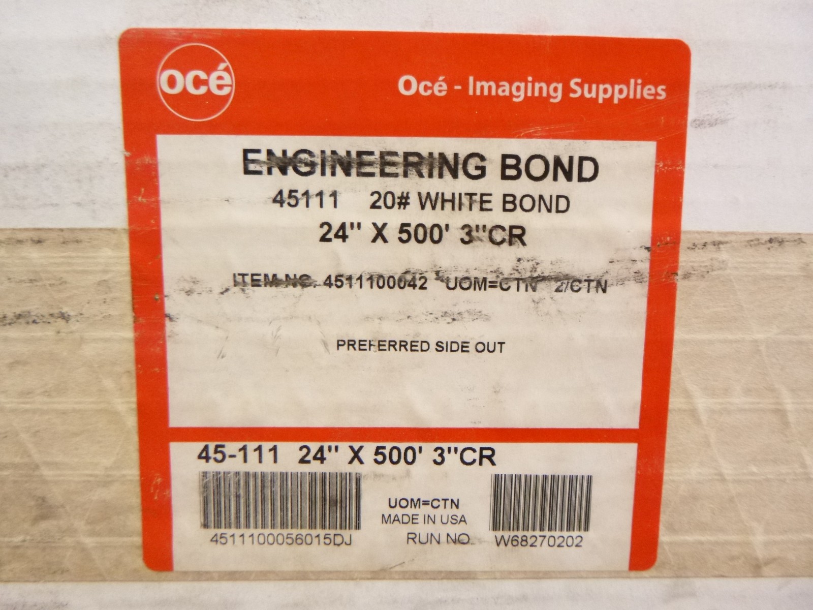 Oce 12″ x 500′ 3″ CR Core 45111000042 20lb White Engineering Bond Paper 2 Rolls