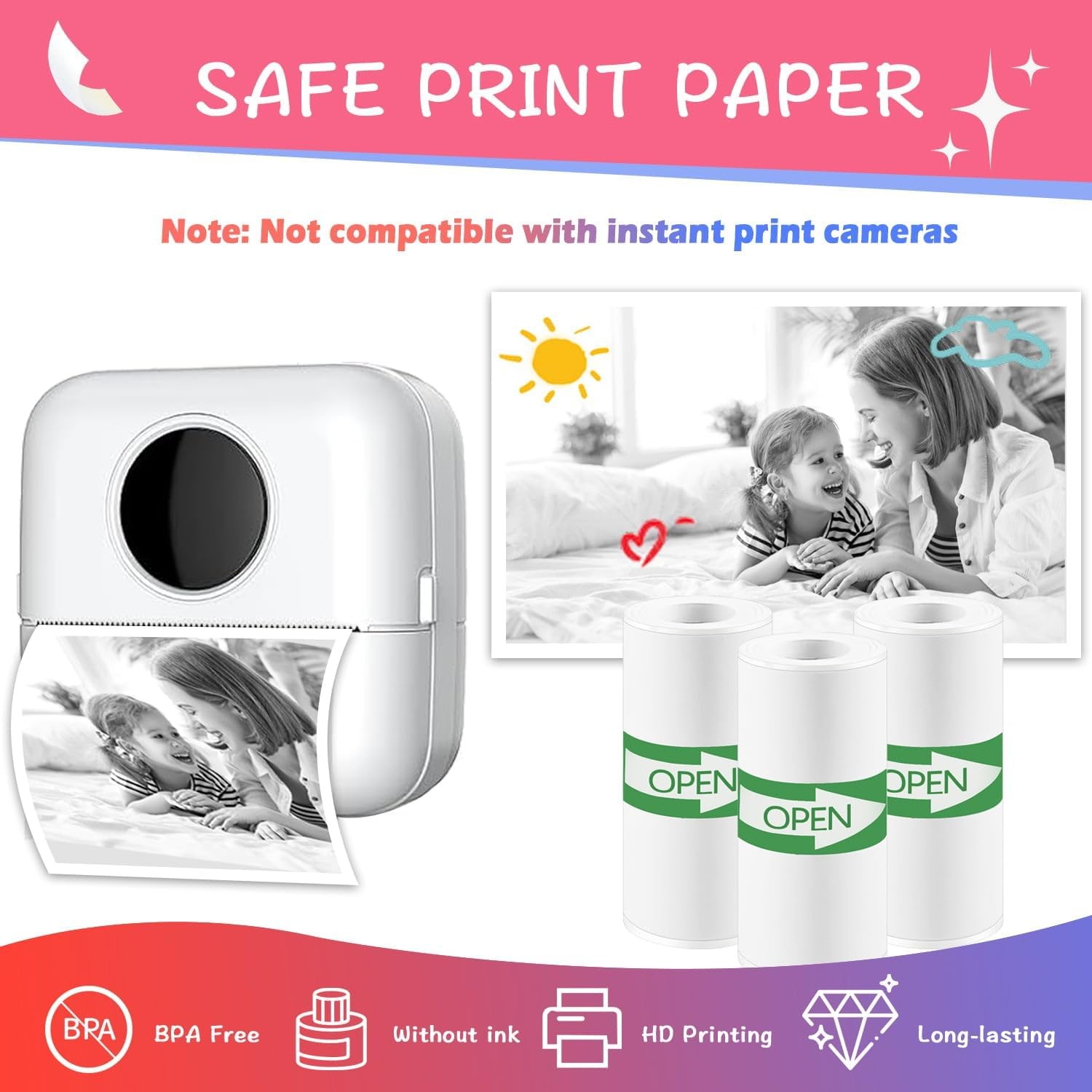 18 Rolls Mini Thermal Printer Sticker Paper 57x25mm High-Contrast Sticker Paper