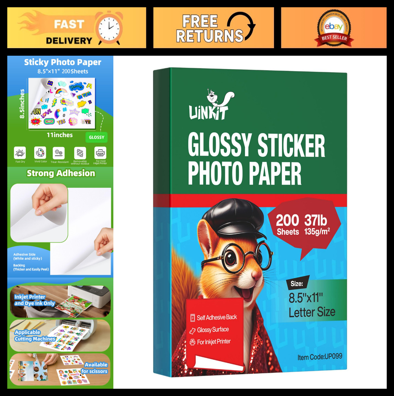 Glossy Inkjet Printable Sticker Paper 8.5×11″ Self-Adhesive Photo Paper, 200 She