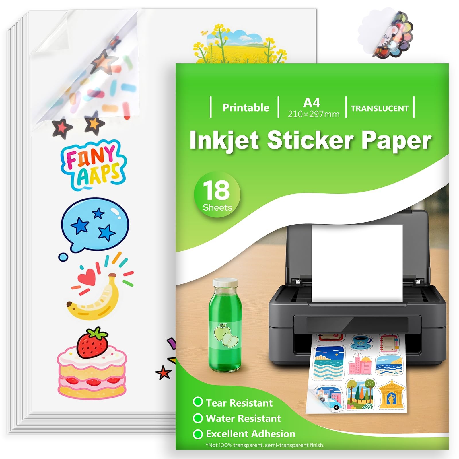 18 Sheets Sticker Paper for Printer A4, Translucent Waterproof Printable Vi