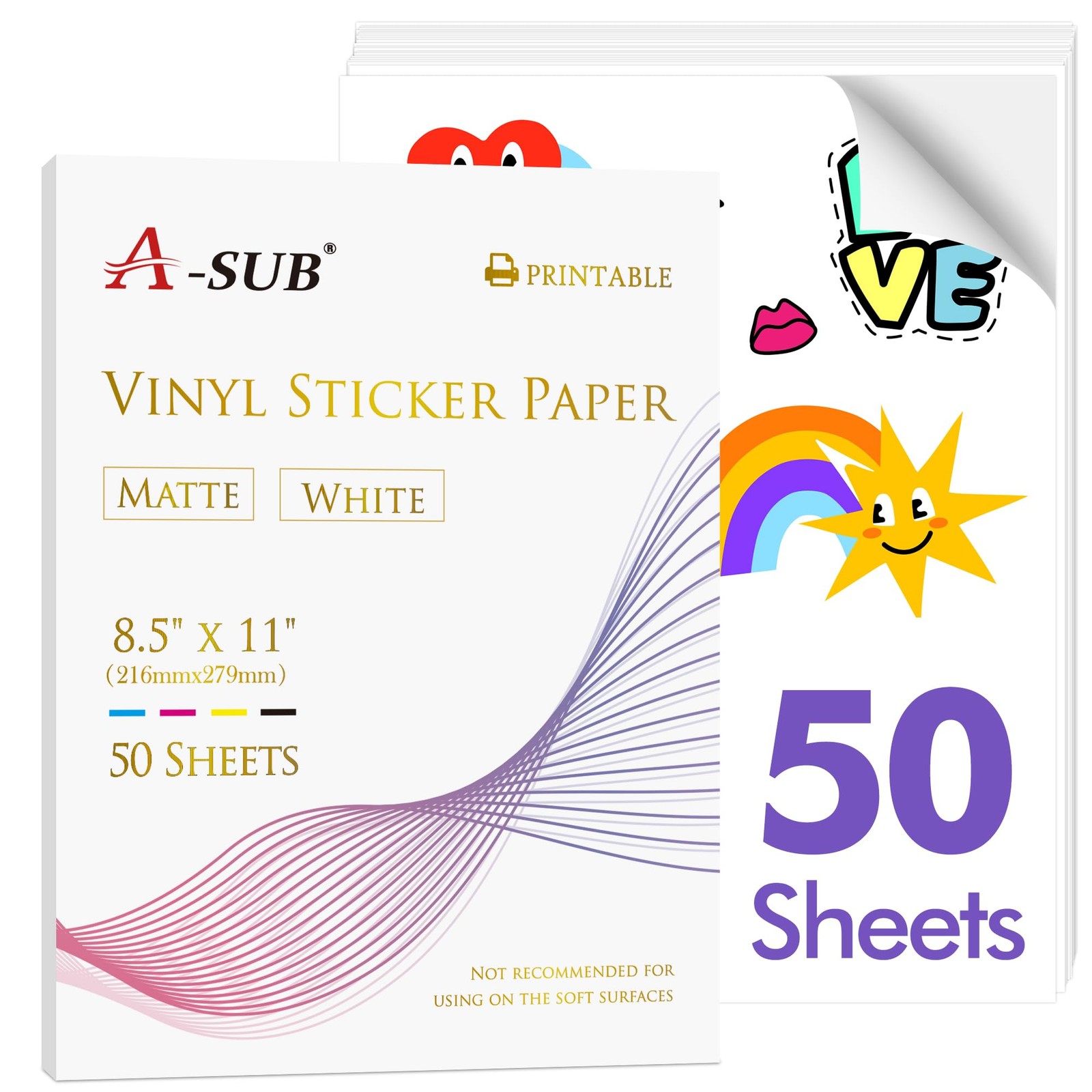 Premium Printable Vinyl Sticker for Inkjet Printers, 50 Sheets Matte White Wa…