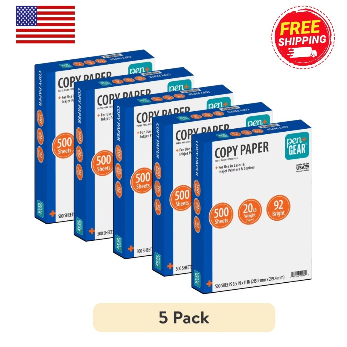 Pen + Gear Copy Paper, 8.5″ x 11″, 92 Bright, 20 lb., 5 Reams (2,500 Sheets)