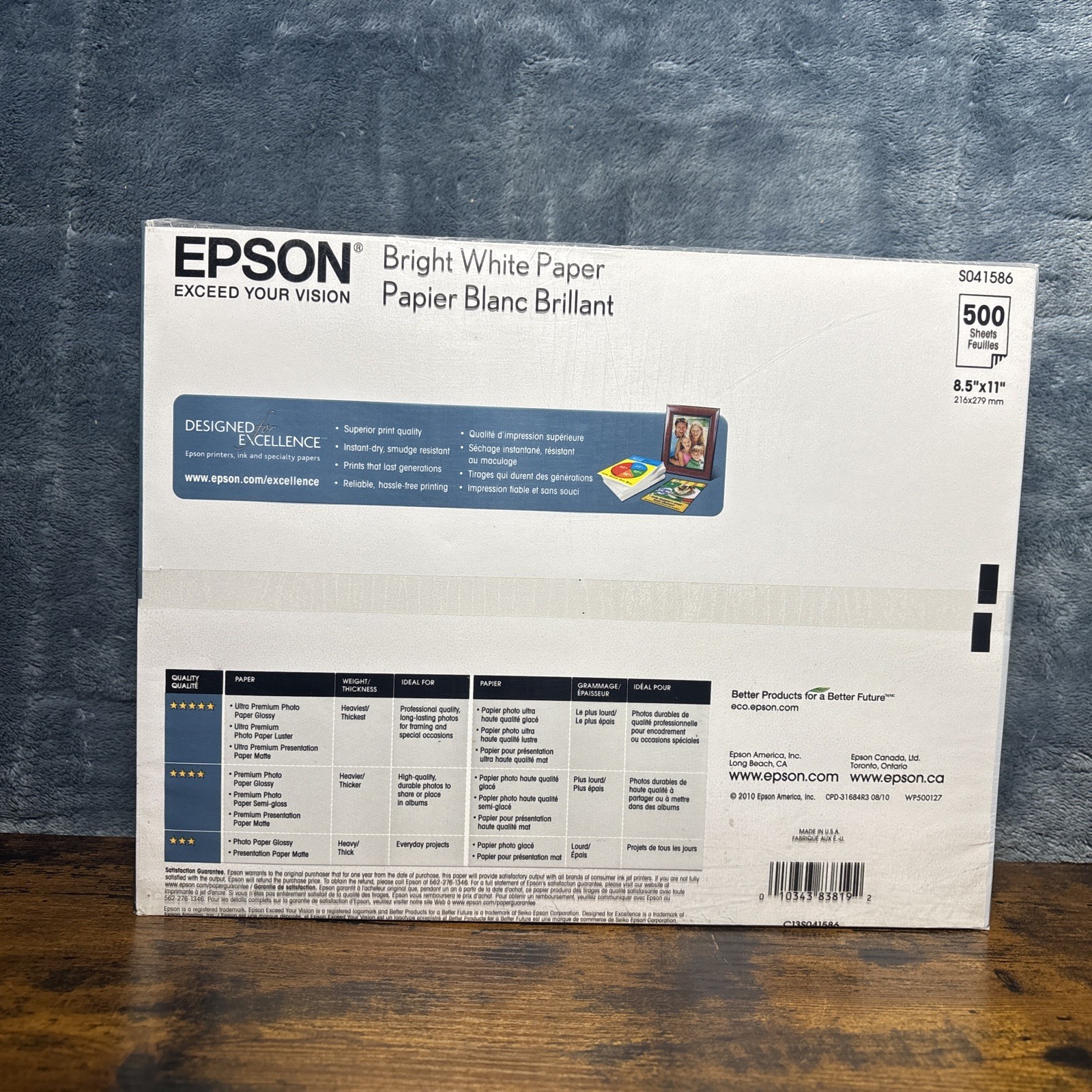 Epson Pro Paper 8.5 x 11 Inch 500 Sheets S041586-4 Bright White