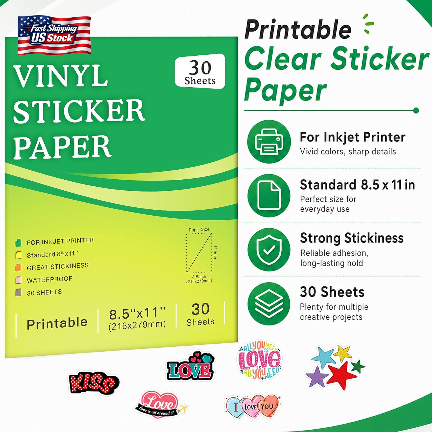 Aevdor 30 Sheets Printable Clear Sticker Paper for Inkjet Printer, Premium Vinyl