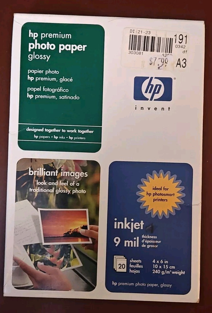 HP Premium Glossy Photo Paper 4″x6″ Inkjet Printing Set Of 3 #Q1988A 20 Pack