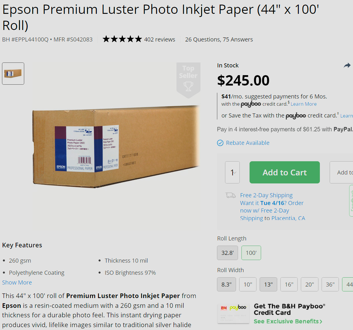 Epson S042083 3″ Core Premium Luster Photo Paper Roll 44″ x 100′
