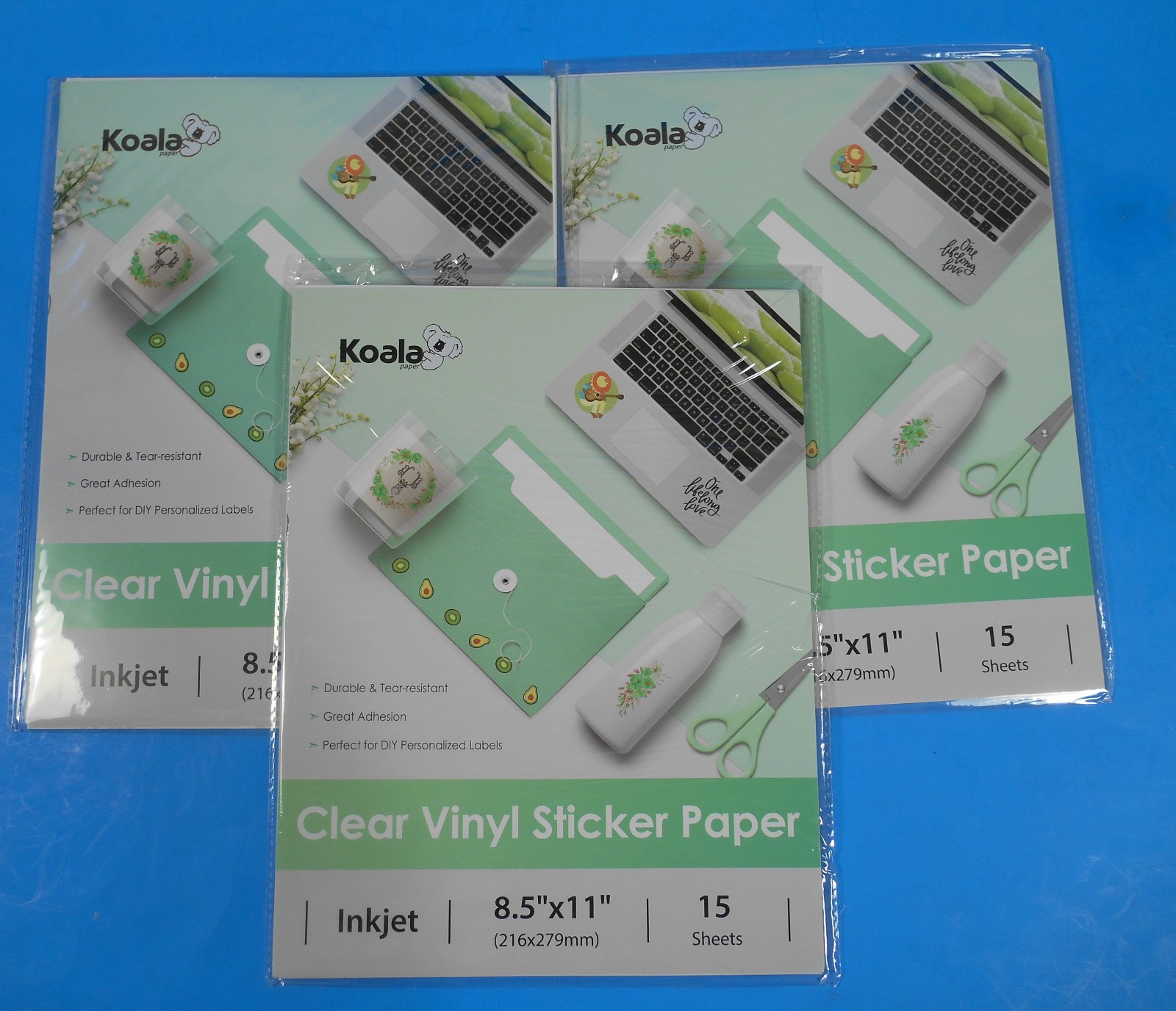 3X Koala 15 Sheets/Pkg Clear Vinyl Sticker Paper 8.5X11 For Inkjet