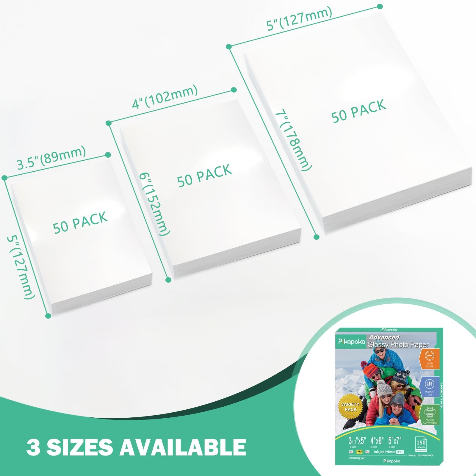 150-Pack Glossy Photo Paper 3.5×5 4×6 5×7 Assorted Sizes for Inkjet