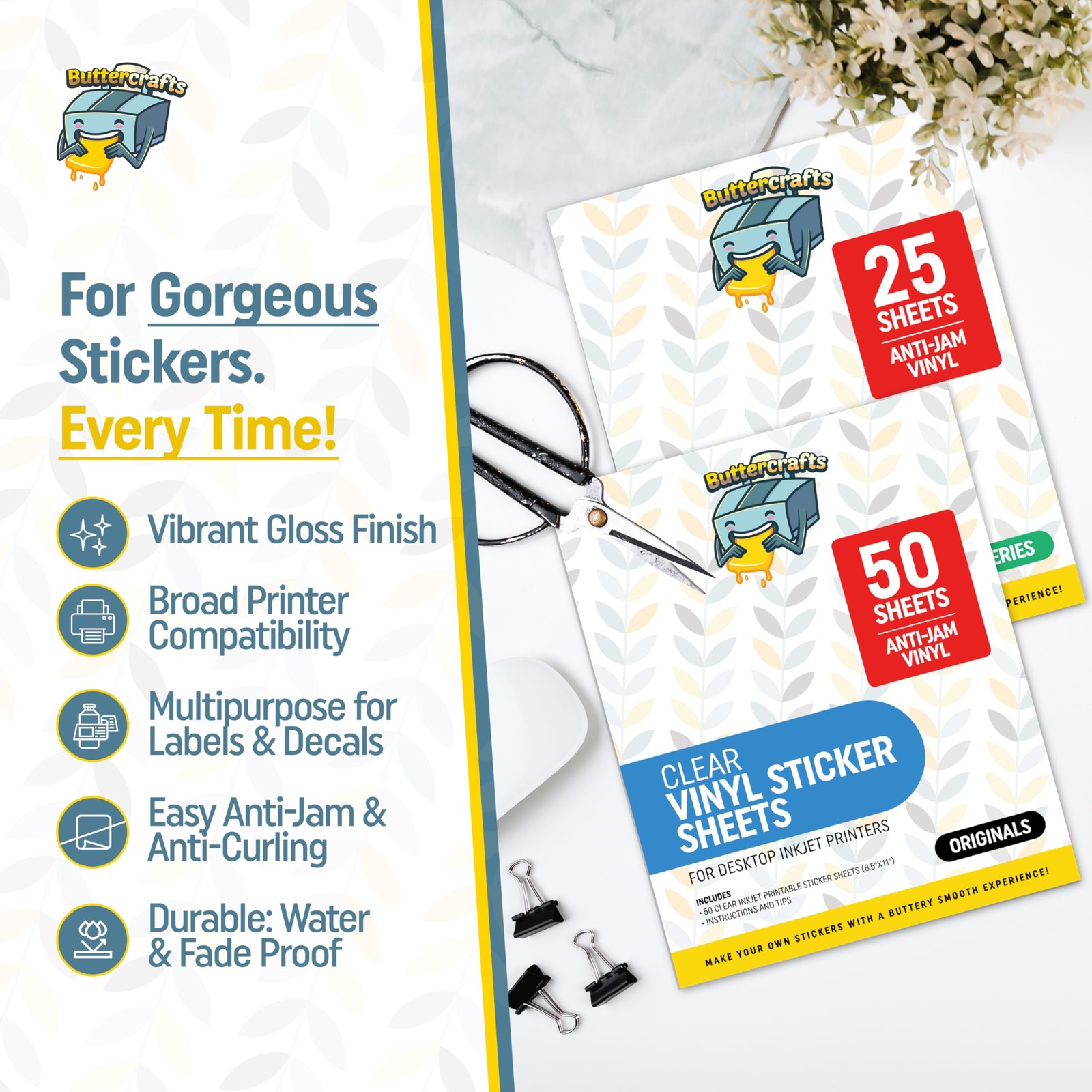Printable Vinyl Sticker Paper Waterproof 25 Sheets 8.5×11 Inkjet Frosted Clear