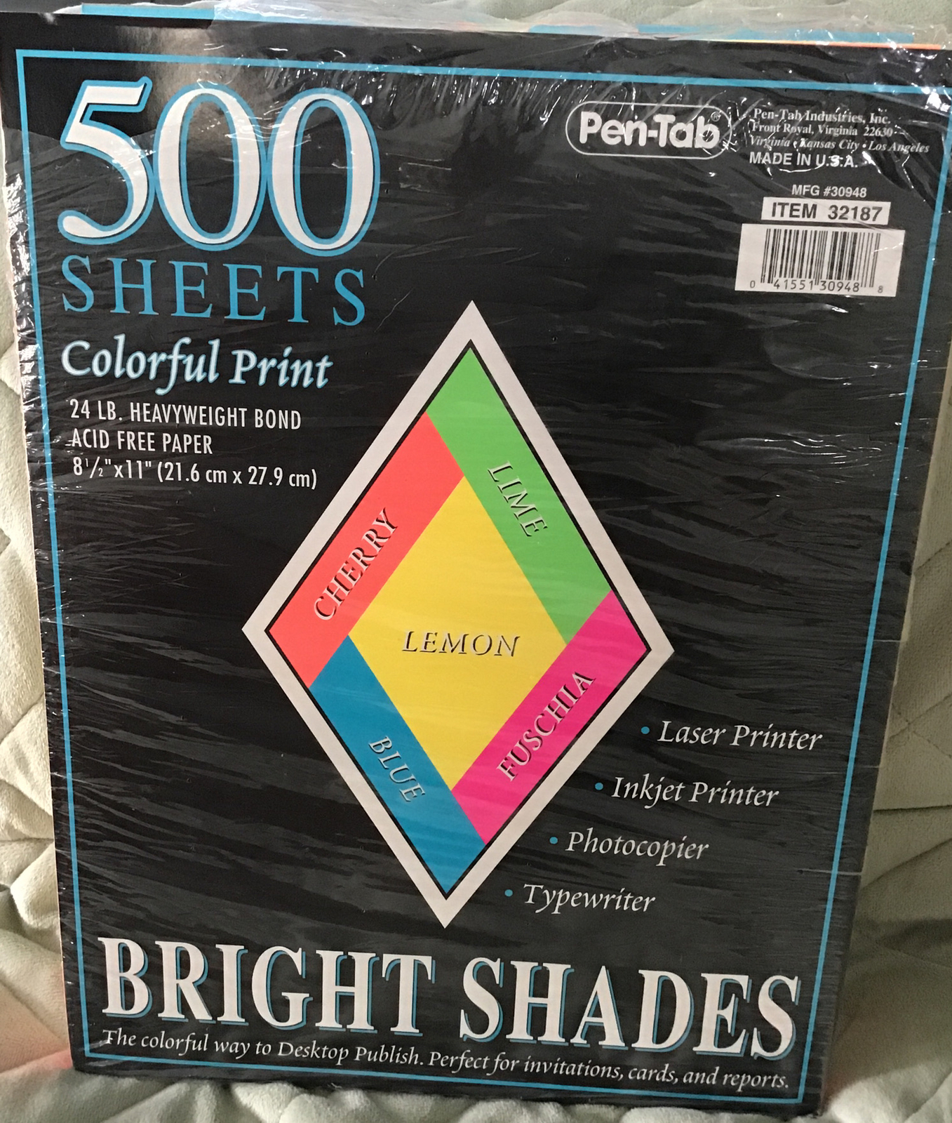 Open Pkg Pen-Tab Industries, Inc. Heavyweight Bond Bright Shades 8.5 x 11” Paper