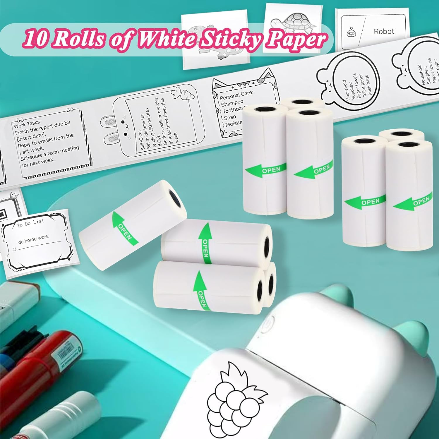 10 Rolls Mini Printer Sticker Paper Refill for Most Mini Thermal Printers, 57 x