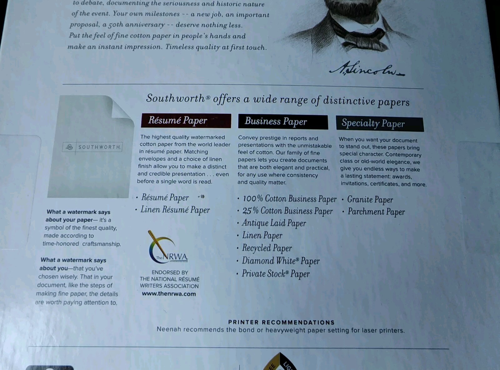 Southworth 25% Cotton Linen Copy/Inkjet/Laser 24 lbs Letter White ~90 Sheets